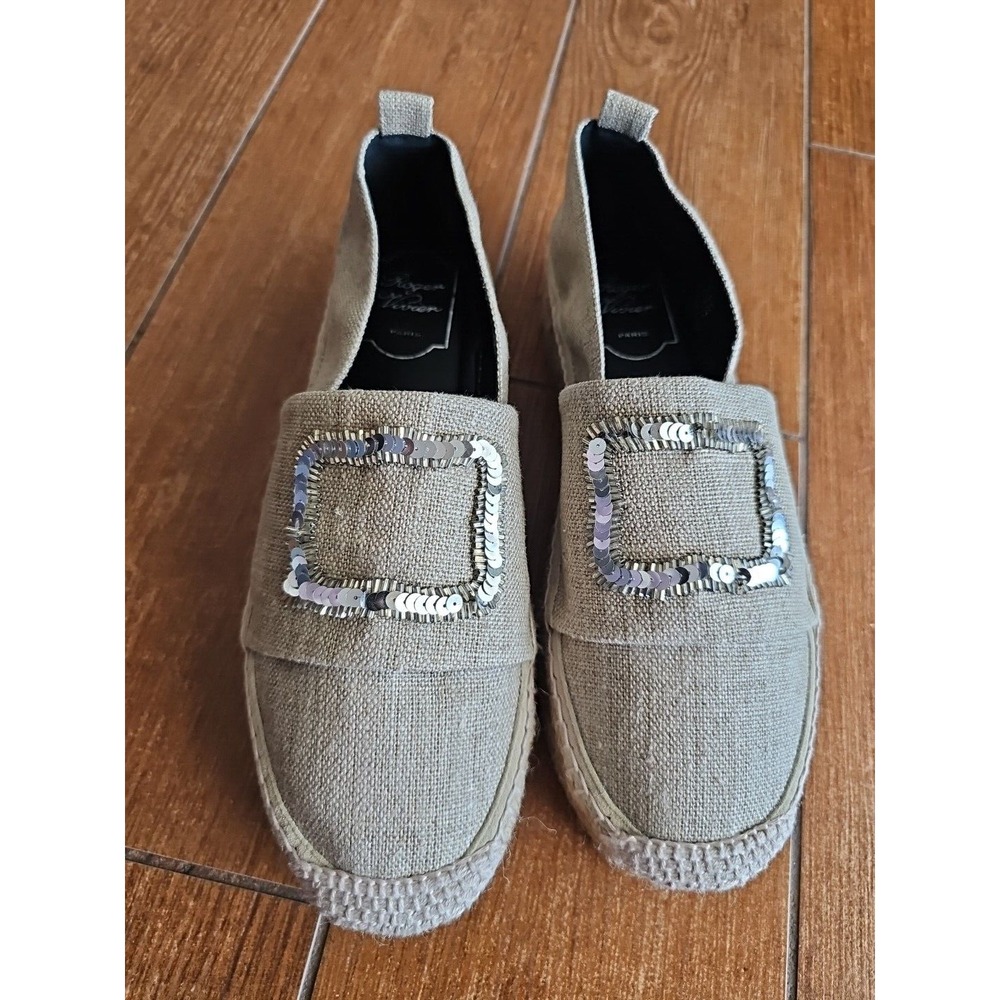 ROGER‎ VIVIER Jute Raffia Silver Sequins Embellished Espadrilles Cloth 38.5 TP01
